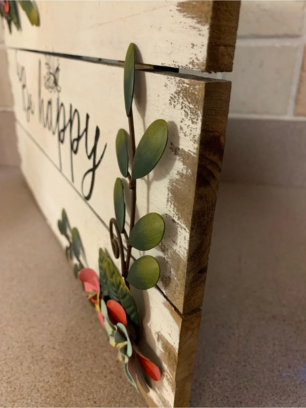 Be Happy Floral Wood Sign - White with Pink & Teal metal accent Flowers